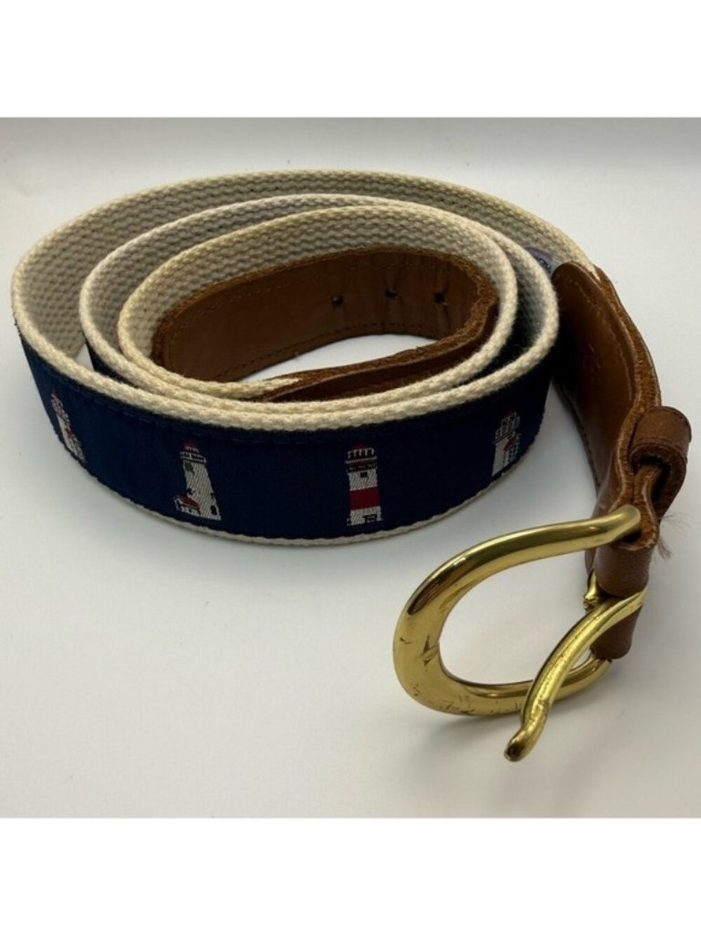 Preston Leather Products Lighthouse Canvas Belt Size 42 Solid Brass Nautical USA